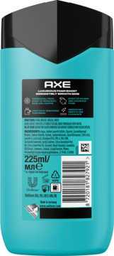 Tył turkusowego żelu pod prysznic AXE 225ml, luksusowy zapach bergamotki. Widoczne szczegóły.