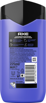 Tył fioletowego żelu pod prysznic Axe Luxurious Foam Boost o zapachu lawendy 225ml, kod kreskowy.