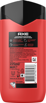 Tył czerwonego żelu Axe 225ml z luksusową pianą i gładką skórą. Widoczne składniki, kod kreskowy.