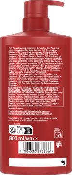 Tył czerwonej butelki Old Spice Captain żel pod prysznic 800ml z pompką, z listą składników i kodem kreskowym.