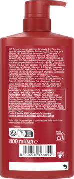 Old Spice Whitewater żel pod prysznic 800ml, tył czerwonej butelki z pompką, widoczne składniki i objętość.