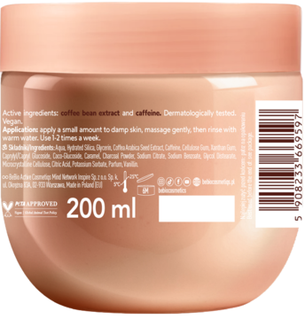Tył opakowania beBIO naturalnego peelingu do ciała z kawą i kofeiną, jasnobrązowy słoik, widoczne składniki, 200 ml.