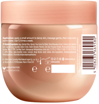Tył beBIO naturalnego peelingu do ciała honey & fig w brzoskwiniowym słoiku, widoczne instrukcje i skład.