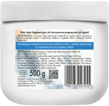 Tył opakowania regenerującej soli siarczanowo-magnezowej do kąpieli Biały Jeleń, z etykietą 500g.