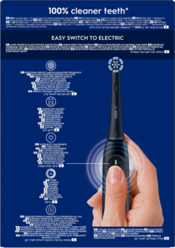 Oral-B iO 2 czarna szczoteczka elektryczna z mikrowibracjami i okrągłą końcówką, trzymana w dłoni.