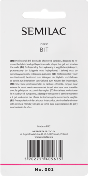 Tył białego opakowania frezu do paznokci SEMILAC FREZ BIT nr 001, z opisem produktu i kodem.