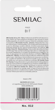 Tył opakowania frezu Semilac 012 Płomień, z powłoką diamentową i opisem zastosowania. Białe tło.