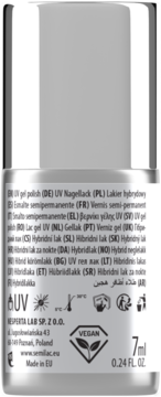 Tył mlecznej butelki Semilac Top Coat UV, opis lakieru hybrydowego, ikonki, pojemność 7ml, logo Vegan.