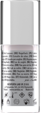 Tył butelki Semilac Nail Lacquer, białe opakowanie z wielojęzycznym opisem i piktogramami, widok z tyłu.