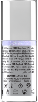 Tył butelki lakieru Semilac Pink a Blue, opalizującego z różowo-błękitnym brokatem. Widoczna etykieta.