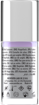 Tył buteleczki lakieru do paznokci Semilac Pastel Lilac z multijęzycznym opisem oraz piktogramami bezpieczeństwa.