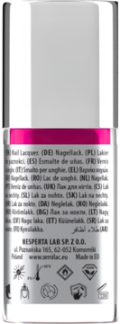 Tył butelki lakieru do paznokci Semilac, z jaskraworóżowym paskiem. Etykieta z opisami i symbolami.