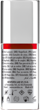 Tył srebrnej butelki lakieru Semilac Neon Red z wielojęzycznym opisem i piktogramami pielęgnacji paznokci.