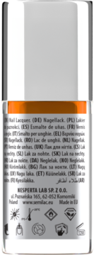 Tył pomarańczowego lakieru do paznokci Semilac Neon Orange, etykieta z opisem produktu w wielu językach.