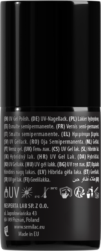 Tył czarnego opakowania lakieru hybrydowego Semilac Jelly Mint, z wielojęzycznym opisem i symbolami użytkowania.