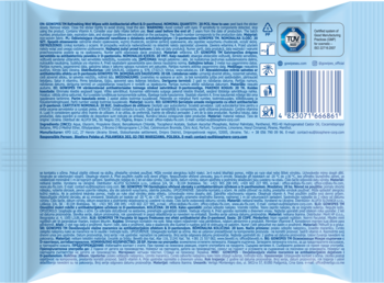 Tył jasnoniebieskiego opakowania chusteczek nawilżanych antybakteryjnych z D-pantenolem, widoczne informacje i kod.