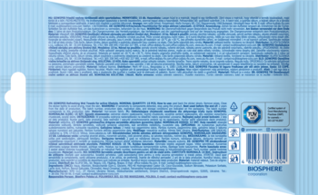 Tył jasnoniebieskiego opakowania odświeżających mokrych ręczników, z małym tekstem, kodem kreskowym i logo BIOSPHERE.