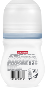 Tył białego antyperspirantu Borotalco Invisible Fresh Ocean 50ml, etykieta z kodem kreskowym.