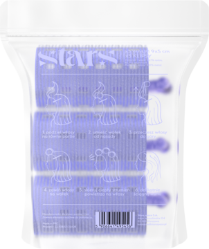 Fioletowe lokówki Stars, samoprzyczepne, w przezroczystej torbie z instrukcją użycia, widok z przodu.