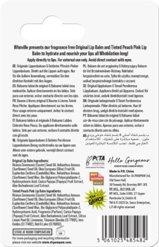 Tył białego opakowania balsamu do ust Grinch x Dr.PAWPAW z listami składników i logo PETA.