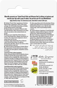 Tył opakowania balsamu do ust Grinch x Dr.PAWPAW Tinted Duo, z tekstem, składnikami, logo PETA i kodem kreskowym.