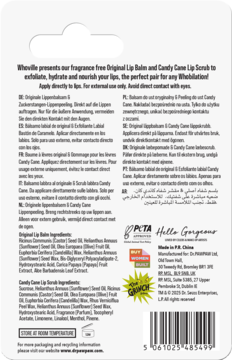 Tył opakowania zestawu Dr.PAWPAW Whoville z Original Lip Balm i Candy Cane Lip Scrub, z wielojęzycznymi opisami i składnikami.