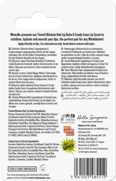 Tył opakowania balsamu i peelingu do ust Dr.PAWPAW Grinch Edition z instrukcjami, składem i kodem kreskowym.