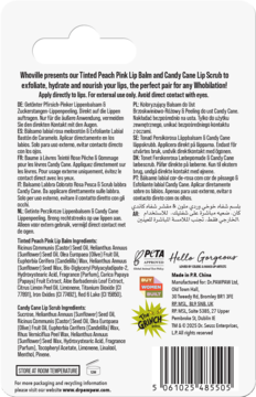 Tył opakowania balsamu i scrubu do ust Grinch x Dr.PAWPAW, z opisami produktów, składem i kodem kreskowym.