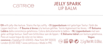 Catrice Jelly Spark Lip Balm, tylna etykieta. Opis: żelowa konsystencja, efekt koloryzujący, wegańskie. Waga: 2.5g.