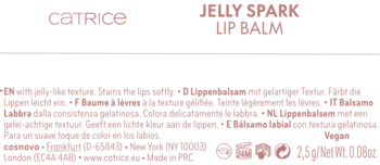 Opakowanie Catrice Jelly Spark Lip Balm, czarne tło, białe napisy: nazwa i opis produktu w wielu językach.