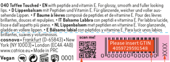 Różowa etykieta Catrice Peptide Bliss Toffee Touched, z kodem QR, kodem kreskowym i GTIN 4059729591548.