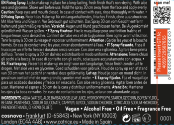 Tył sprayu Catrice Aqua Splash Grip: biała etykieta z listą składników, kodem kreskowym, informacjami Vegan i Made in Spain.