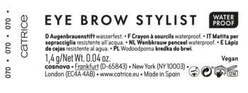 Catrice Eye Brow Stylist wodoodporna kredka do brwi, czarna etykieta z jasnym napisem.
