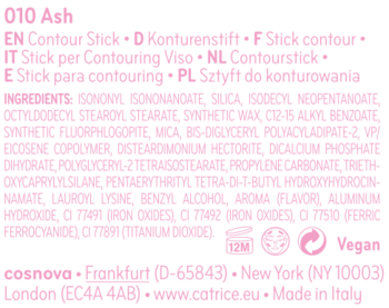 Etykieta Catrice Sculpt & Charm Contour Stick 010 Ash; różowy tekst z opisem na czarnym tle.