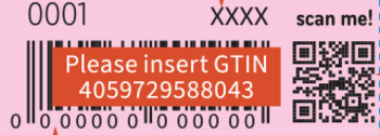 Różowa etykieta z kodem kreskowym, kodem QR i napisem "Please insert GTIN 4059729588043", widok z bliska.