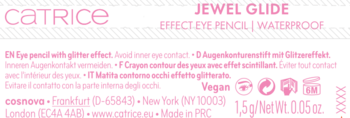 Etykieta Catrice Jewel Glide Effect Eye Pencil Waterproof, różowe napisy na czarnym tle, info o wadze i Vegan.