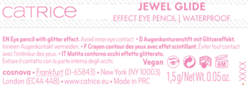 Etykieta Catrice Jewel Glide Effect Eye Pencil Waterproof: różowy tekst na czarnym tle, widoczne Vegan, 1,5g.