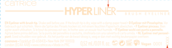 Etykieta czarnego eyelinera w pisaku Catrice Hyper Liner Brush z beżowymi napisami, zbliżenie z przodu.