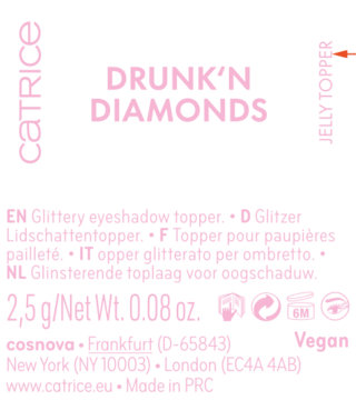 Czarna etykieta żelowego toppera Catrice Drunk'n Diamonds 2.5g, z różowym tekstem i oznaczeniem wegan, widok z przodu.