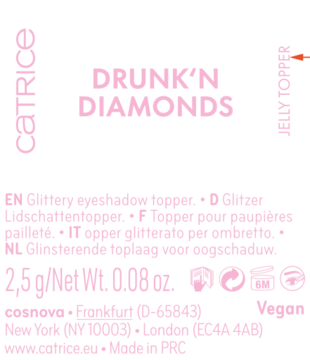 Tył czarnej etykiety Catrice Drunk'n Diamonds topper. Różowy tekst, opis wielojęzyczny, waga 2.5g, vegan.