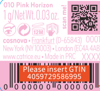 Różowa etykieta cienia Catrice Prismatic Shift Pink Horizon, z kodem kreskowym i GTIN 4059729586995.