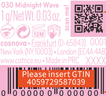 Etykieta Catrice Prismatic Shift 030 Midnight Wave, metaliczny cień do powiek, waga 1g, kod QR i GTIN.