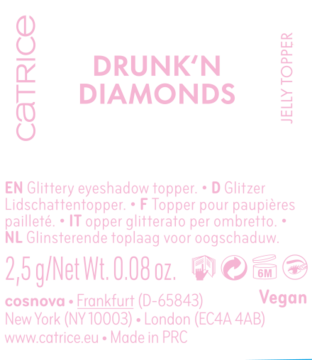 Tył czarnej etykiety Catrice Drunk'n Diamonds, z różowym tekstem opisującym brokatowy topper.