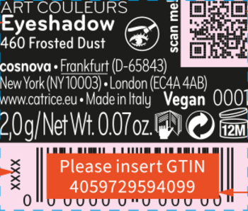 Zbliżenie etykiety cienia Catrice Art Couleurs Frosted Dust w błyszczącym odcieniu bieli, z nazwą, wagą i nakładką GTIN.