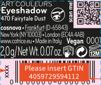 Etykieta cienia Catrice Art Couleurs 470 Fairytale Dust, czarna, z logo, wagą 2g, napisem Vegan i kodem QR.