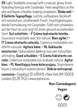 Tył opakowania Catrice Skin Like Tinted Moisturizer. Czarny tekst produktu, ikony wegańskie, niekomedogenne.