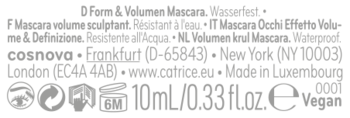 Tył etykiety tuszu Catrice Glam & Doll Sculpt & Volume: informacje o produkcie, pojemność 10ml, wodoodporność, 'Vegan'.