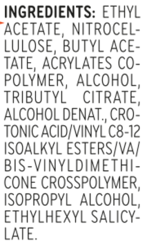 Catrice Ultra Quick Dry Top coat, zbliżenie na listę składników (INCI), biały tekst na czarnym tle etykiety.