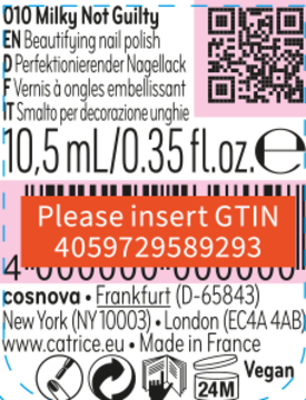 Zbliżenie różowo-czarnej etykiety lakieru Catrice Sheer Beauties Milky Not Guilty, z kodem QR i numerem GTIN.