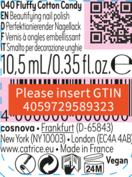 Catrice nail polish label with prominent orange 'Please insert GTIN 4059729589323' sticker and QR code.